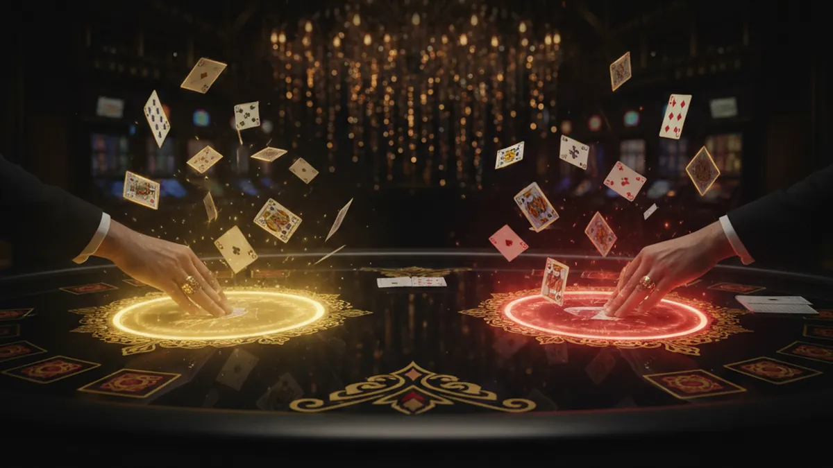 Live Andar Bahar card game table with joker card in dark casino studio