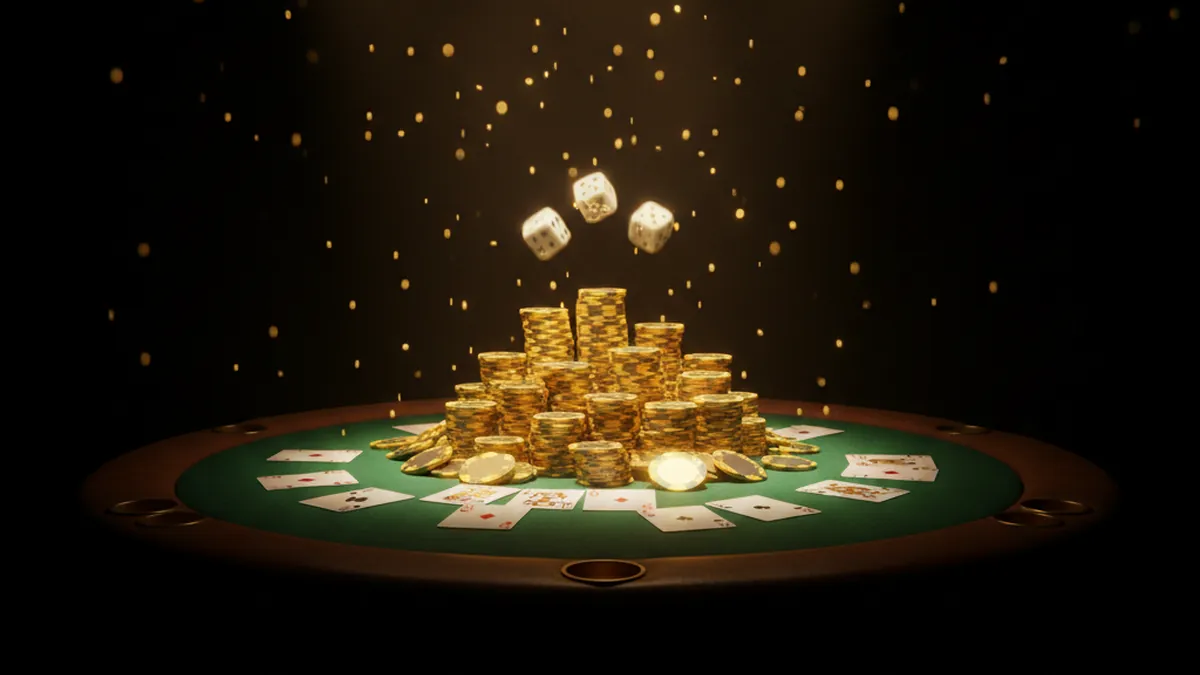 Black and gold casino royale table setup with glowing chips