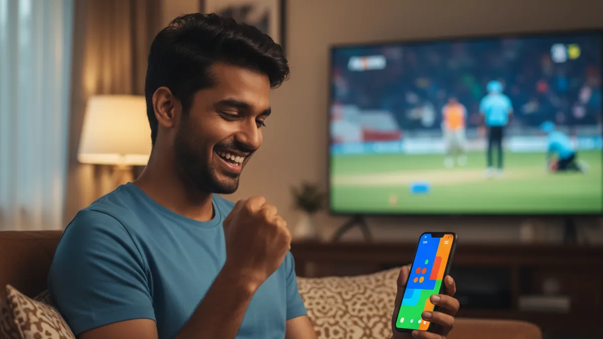 Happy player using betting exchange app on his phone