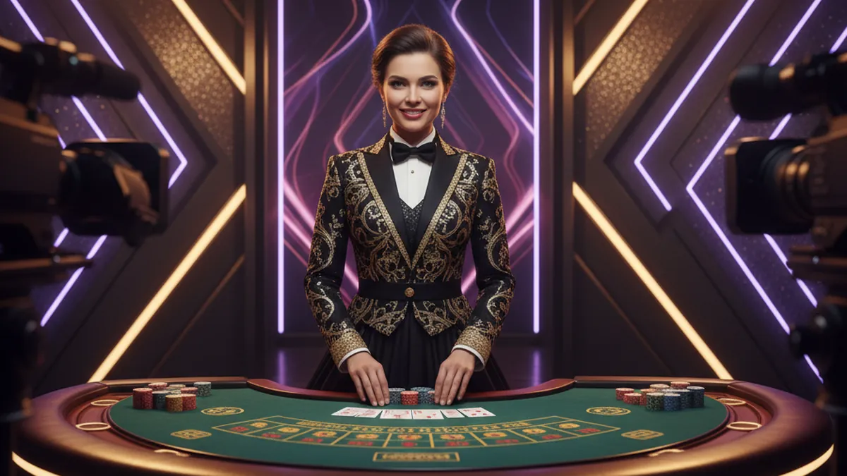 Professional live casino dealer dealing cards at a luxury studio table
