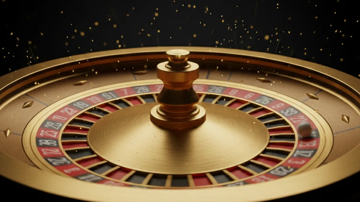 Golden roulette wheel spinning under casino lights