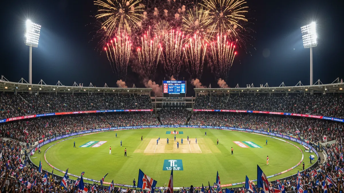 Packed cricket stadium at night, the kind of match where exchange liquidity peaks