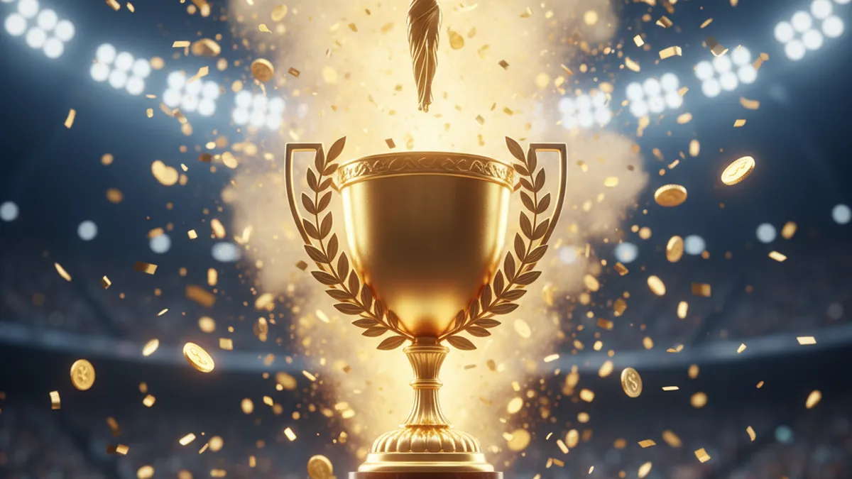 Golden winners trophy with confetti celebrating an IPL season